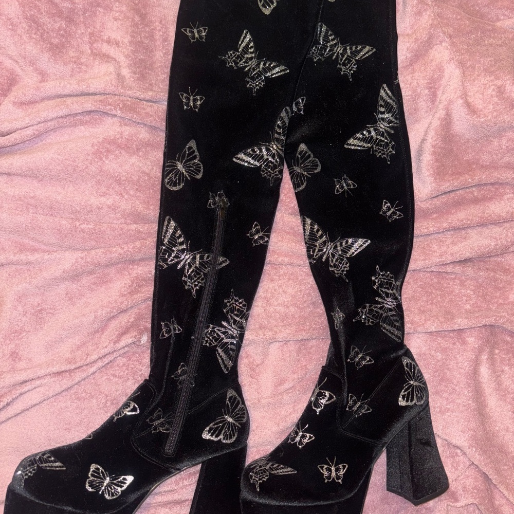 Delia’s thigh high platform glitter butterfly boots